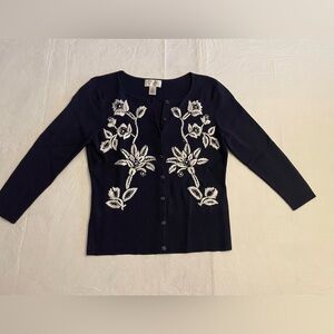 Loft Navy Blue sweater with White Floral stitching